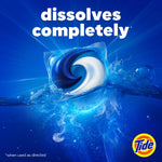 Dramatic image of a Tide-style laundry pod dissolving in water with text stating "dissolves completely" and Tide logo