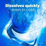 Artistic blue water scene with a dissolving Tide POD and text stating it dissolves quickly even in cold water.