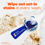 Single Tide POD shown over a white fabric with dramatized chocolate stain and copy about skipping pre-treating