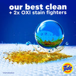 Close-up dramatized image of a liquid pod sphere splashing into a stained fabric with text promoting improved stain fighting