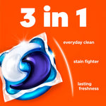 Close-up stylized Tide PODS single pod with text highlighting ‘3 in 1’ benefits on bright orange background