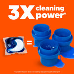 Tide PODS pod shown next to three blue measuring-cup style containers on an orange background with '3X cleaning power' text