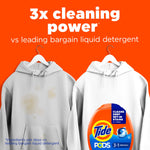 Promotional graphic showing two hoodies and claim '3x cleaning power' with Tide PODS packaging