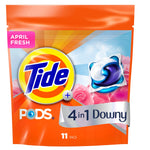 Orange resealable pouch of Tide PODS 4 in 1 Downy with Tide logo and a single detergent pod graphic.