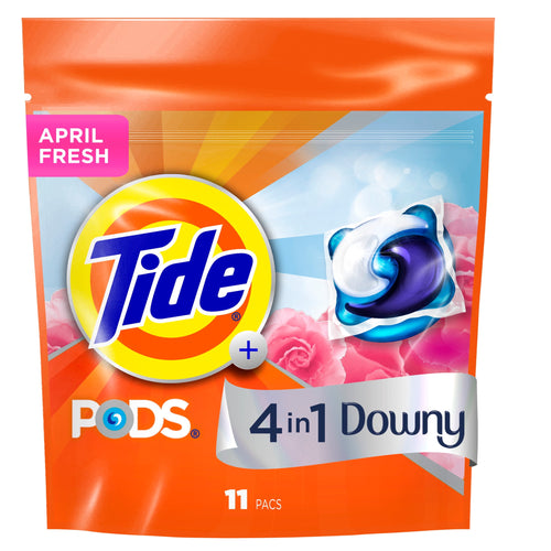 Orange resealable pouch of Tide PODS 4 in 1 Downy with Tide logo and a single detergent pod graphic.