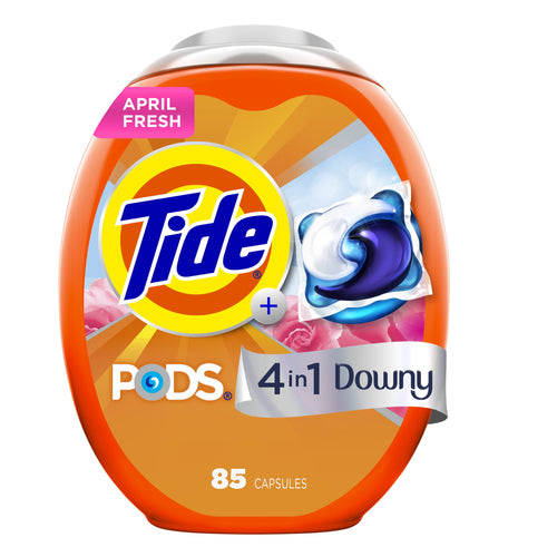 Orange Tide PODS 4-in-1 Downy plastic canister with Tide logo and pod illustration, labeled 85 capsules