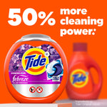 Tide Power PODS Febreze tub in front of bold orange text claiming '50% more cleaning power' with a blurred detergent bottle.