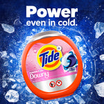 Tide Power PODS Downy container against an icy blue background with headline 'Power even in cold.'