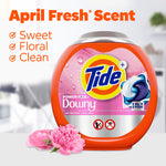 Tide Power PODS Downy container shown with pink flowers and text describing 'April Fresh Scent' attributes.