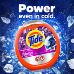 Tide Power PODS Febreze tub centered over an icy blue background with text 'Power even in cold.'