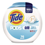 Tide PODS Free & Gentle package front view showing Tide logo, blue lid and 76 pacs label