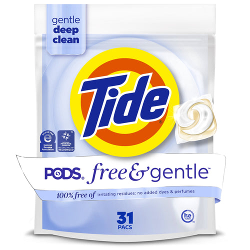 Front-facing pouch of Tide PODS Free & Gentle with large Tide logo and single detergent pod image