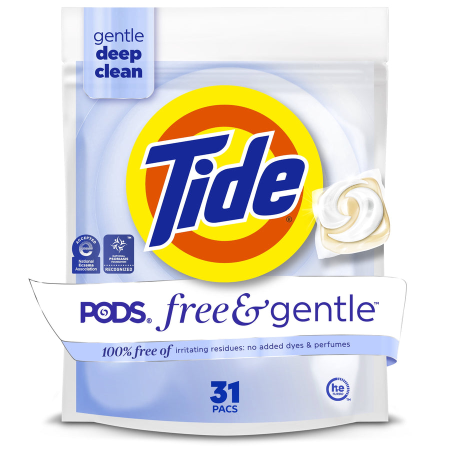 Front-facing pouch of Tide PODS Free & Gentle with large Tide logo and single detergent pod image