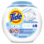 White plastic tub of Tide PODS Free & Gentle with blue lid and Tide logo on front showing a white detergent pod