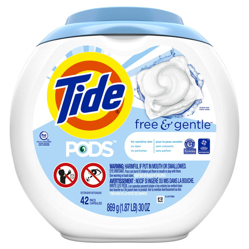 White plastic tub of Tide PODS Free & Gentle with blue lid and Tide logo on front showing a white detergent pod