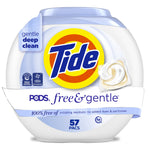 White round tub of Tide PODS Free & Gentle detergent with blue lid and Tide logo on front