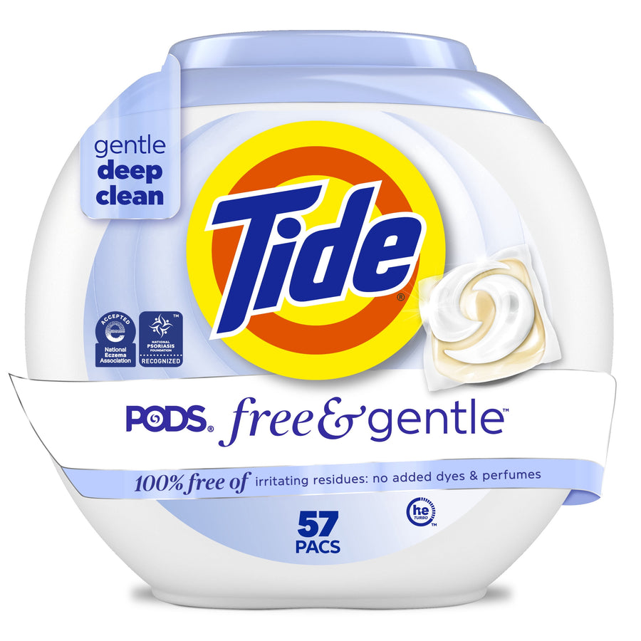 White round tub of Tide PODS Free & Gentle detergent with blue lid and Tide logo on front