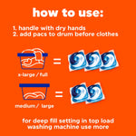 Orange instructional graphic titled "how to use:" with icons showing load sizes and recommended number of detergent pacs.