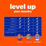 Comparison chart graphic titled ‘level up your laundry’ showing checkmarks and three Tide PODS variants at bottom