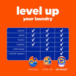 Comparison chart graphic titled 'level up your laundry' showing checkmarks and small Tide PODS variant icons