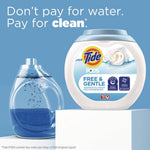 Tide PODS Free & Gentle tub displayed beside a liquid filler graphic with headline about paying for clean