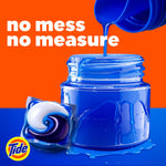 Tide PODS themed graphic of blue liquid being poured into a jar with a pod in foreground and ‘no mess no measure’ text