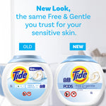 Graphic comparing old and new Tide PODS Free & Gentle packaging with product tubs labeled old and new
