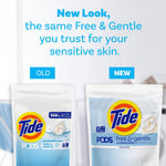Comparison graphic showing old and new Tide PODS Free & Gentle packaging and text announcing a new look