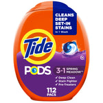 Orange and purple Tide PODS plastic container with Tide logo and a single detergent pod image on the label