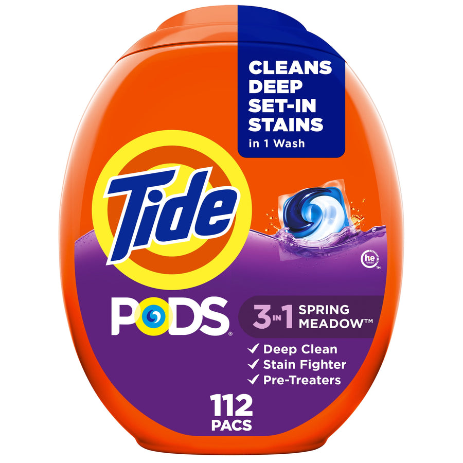 Orange and purple Tide PODS plastic container with Tide logo and a single detergent pod image on the label