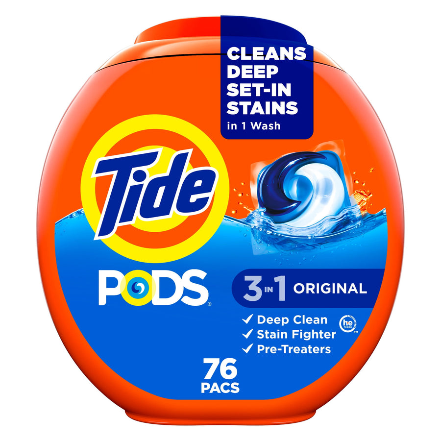 Orange plastic tub of Tide PODS 3-in-1 Original with Tide logo and a single blue-white detergent pac graphic on the label