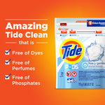 Orange and blue ad showing a resealable Tide PODS pouch and checklist claiming free of dyes, perfumes and phosphates