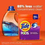 Tide PODS spring meadow pouch beside a translucent detergent bottle with headline text about 85% less water