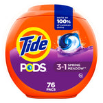 Round orange Tide PODS container labeled 3-in-1 Spring Meadow with purple panel and 76 pacs count