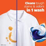 Split-image of a stained white polo on the left and a large illustrated Tide PODS detergent pod on an orange background