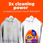 Promotional graphic showing two hoodies comparing stain removal and a Tide PODS bottle against an orange background