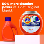 Tide Power PODS tub on a pedestal with an orange background and headline reading '50% more cleaning power vs. Tide Original Liquid.'