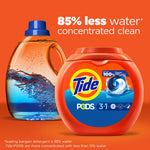 Promotional image showing a Tide POD container beside a liquid detergent bottle with text about using 85% less water