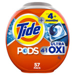 Orange rounded container of Tide PODS Ultra OXI with large Tide logo and image of a blue-white detergent pod