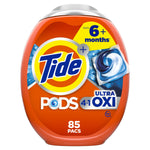 Orange Tide PODS Ultra OXI plastic tub with large Tide logo and an image of a blue-white detergent pac on the label