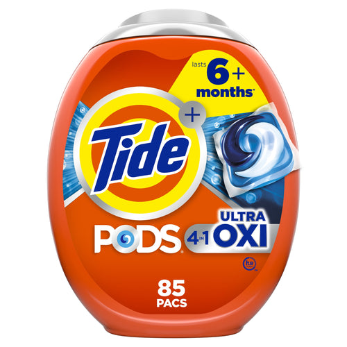 Orange Tide PODS Ultra OXI plastic tub with large Tide logo and an image of a blue-white detergent pac on the label