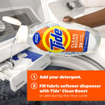 Hand pouring Tide Clean Boost fabric rinse from a bottle into a washing machine softener dispenser with usage instruction text below.