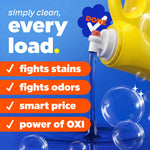 Pouring blue liquid from a yellow Tide jug with checklist text highlighting stain and odor fighting benefits