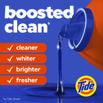 Graphic of blue liquid pouring from a detergent cap with checklist stating cleaner, whiter, brighter, fresher and Tide logo