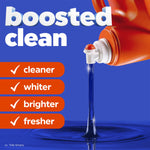 Close-up pouring spout of an orange Tide bottle with blue liquid stream and text listing cleaner, whiter, brighter, fresher