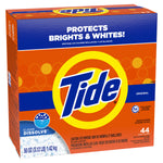 Angled view of a Tide powder detergent cardboard box showing logo, 'Protects Brights & Whites' and Clean Dissolve™ callout.