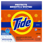 Flat front view of an orange Tide powder detergent box showing logo, Clean Dissolve™ badge and '44 loads' callout.