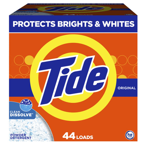 Close-up front of an orange Tide powder detergent box with large logo and 'Protects Brights & Whites' banner.