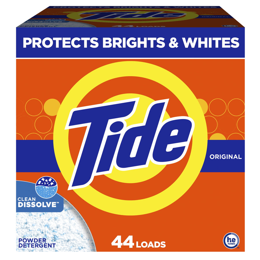Close-up front of an orange Tide powder detergent box with large logo and 'Protects Brights & Whites' banner.