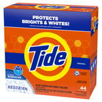 Perspective shot of a Tide powder detergent box with large target logo and 'Protects Brights & Whites!' text.